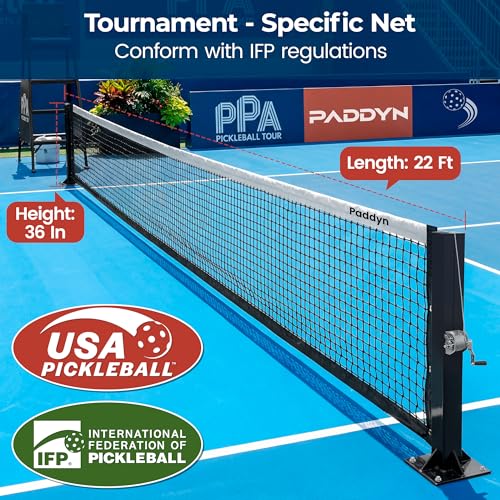 PADDYN Permanent Pickleball net System with Hand-Crank Tension,Heavy Duty Steel Frame Pickleball net for Driveway,PRO Pickleball Net,Tournament-Spec 22ft x 36in Backyard,Club,School