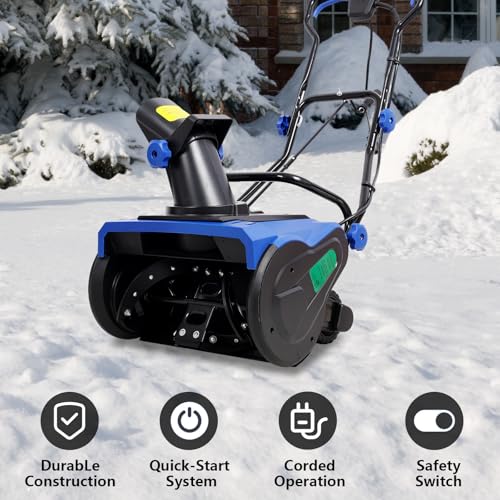 20 Inch Electric Snow Blower, Powerful 15 Amp Motor with 30 Foot Throwing Distance, Corded Snow Thrower for Easy Winter Cleanup on Driveways & Walkways, Blue