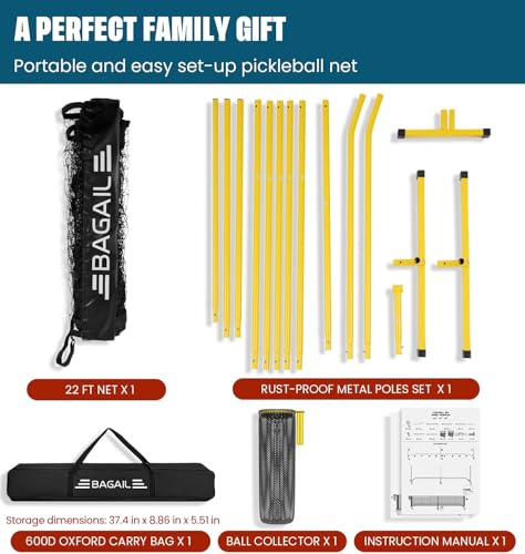 BAGAIL Portable Pickleball Net Set, 22 FT Regulation Size Pickle Ball Net with Ball Collector, Carry Bag, Easy Setup for Outdoor Indoor Driveway - Yellow