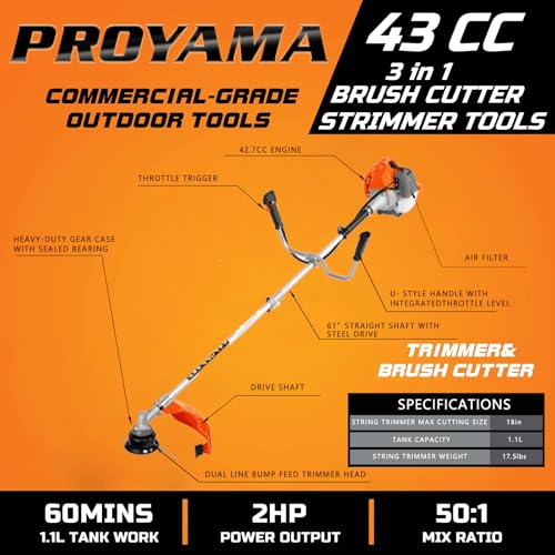 PROYAMA 42.7cc Gas Weed Wacker, 3 in 1 Heavy Duty Weed Eater Gas Powered, Brush Cutter and 2-Cycle String Trimmer Machine with Metal Blades for Lawn Care, 5 Year Warranty Gearbox