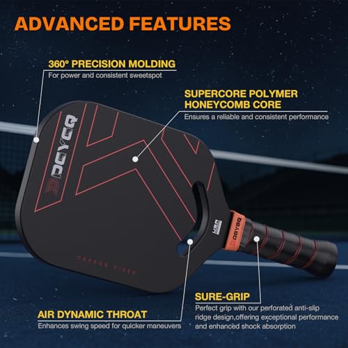 DGYGQ Pickleball Paddles, Carbon Fiber Pickleball Paddle with a 13mm Polypropylene Honeycomb Core, Increased Power for Ultimate Spin & Consistency (Red)