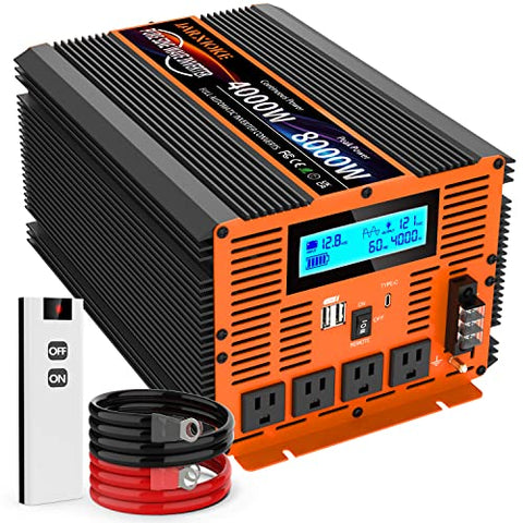 4000 Watt Pure Sine Wave Power Inverter 12V DC to 110V 120V Converter for Family RV Off Grid Solar System Car with Type-C Ports 4 AC Power Outlets Dual USB Ports LCD Display and Remote Control