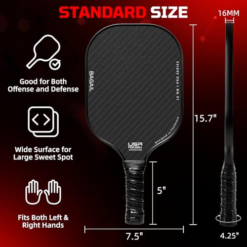 BAGAIL Pickleball Paddles, USAPA Approved Fiberglass Surface Pickleball Set, Lightweight Pickle Ball Rackets with 4 Balls, 1 Bag, Designed in California for Traction and Stability - 4 Pack, Black