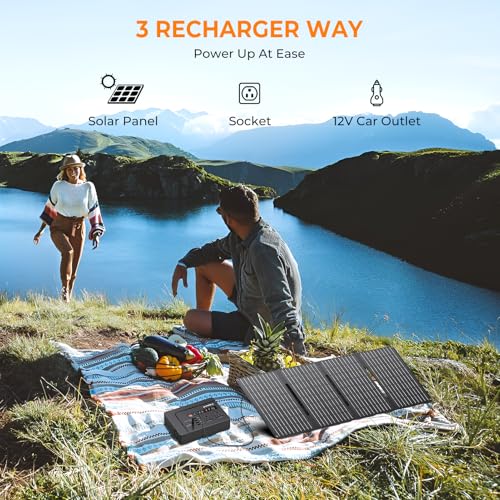 Powkey Solar Powered Generator,200W Portable Solar Generator Power Station with Solar Panels 40W,146Wh Generator Power Bank with 2 AC Outlet 110V Pure Sine Wave for Outdoor Camping Emergency Home