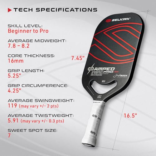 Selkirk Sport Amped Pro Air Pickleball Paddle | Fiberglass Pickleball Paddles with a Polypropylene X5+ 16mm Core | Throatflex | Flex Foam | Pickleball Rackets Made in The USA | Invikta Jack Sock