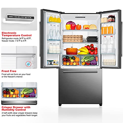 Galanz French Door Refrigerator with Installed Ice Maker and Bottom Freezer, Adjustable Electrical Thermostat Control, Frost Free, Energy Star Certified, Stainless Steel, 18 Cu Ft