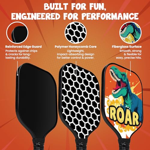 Dany x Kevin Kids Pickleball Paddle – Dinosaur Design for Ages 3–12 | Lightweight Fiberglass (0.37 lbs) | Small Grip for Easy Control | Fun Beginner Gift for Boys, Girls, Toddlers & Youth