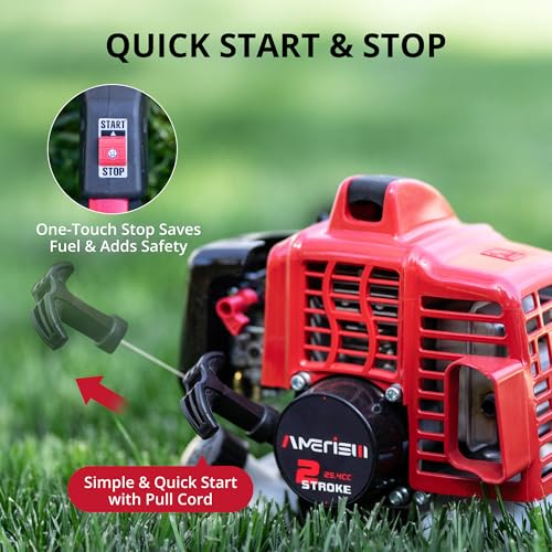 AMERISUN 26cc Gas Weed Wacker, Brush Cutter Trimmer Weed Eater 2 in 1, 2 Cycle Air-Cooled Engine 10'' Brush Blade 16'' Cutting Width with Rubber Handle & Shoulder Strap Efficient for Yard Garden
