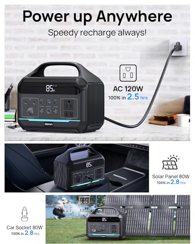 DARAN Portable Power Station 600W(1200W Surge) - 288Wh(90,000mAh) Solar Generator LiFePO4 Battery with AC DC Outlets, 8.3LB Portable Charging Station for Camping, RV, Home, Emergency (Solar Optional)