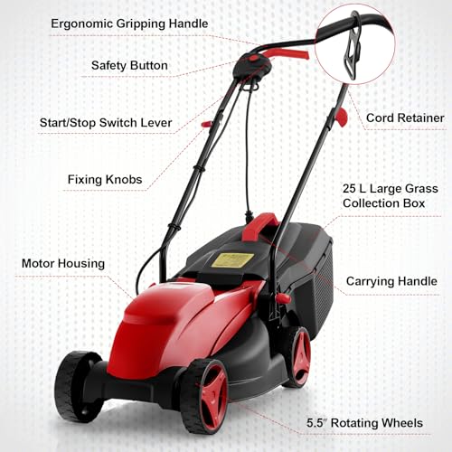 Toolsempire Electric Lawn Mower, 13" Corded Lawnmower with 10 Amp Copper Motor, 6.6-Gallon Grass Collection Box & 3-Position Heights, Push Lawn Mower Electric De-Thatcher for Garden & Farmyard (Red)