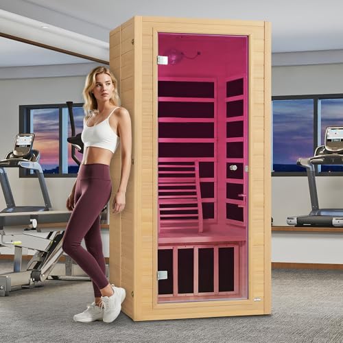 Real Relax Far Infrared Sauna for Home, 1 Person Indoor Home Sauna Low Emf, Canadian Hemlock Wooden Dry Saunas Room with Bluetooth Speakers, 9-Color Light Therapy, 1574w/110v for Personal Spa