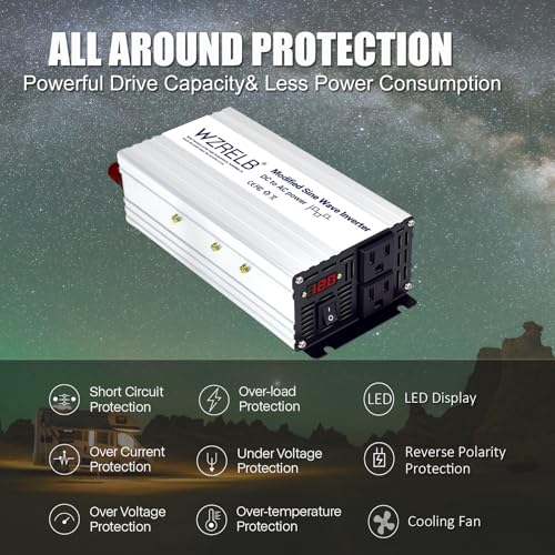 WZRELB 1000W Power Inverter 12V DC to 110V 120V AC,2000W Peak Modified Sine Wave Car Inverter with LED Display,Dual AC Outlets,Soft Starter,Off-Grid Power Converter with High Efficiency up to 90%