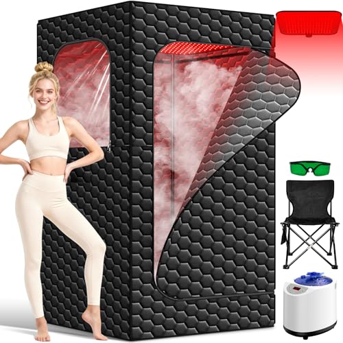 bsdonte Infrared Sauna Box, 160 LEDs Red Light Sauna Steam Room, Portable Steam Sauna Tent with Red Light Therapy, 3L/1200W Steamer, 15 Heating Levels, Chair, Indoor Saunabox for Home Steam Spa