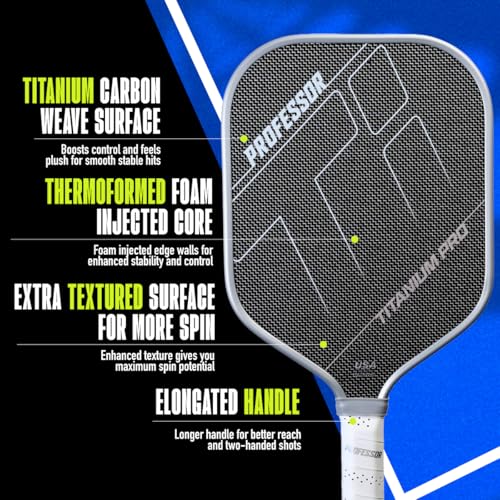 Professor Titanium Pro Square Pickleball Paddle - Designed with Titanium Carbon Fiber Weave Surface - 16MM Foam Injected Thermoformed Core