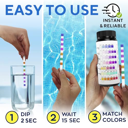 7-in-1 Accurate Pool Test Strips - 150 Hot Tub Spa Test Strips - Quick Pool Water Testing Kit - Bromine, pH, Hardness, Alkalinity, Chlorine & Cyanuric Acid - Perfect for Any Pools, Spa, Hot tubs