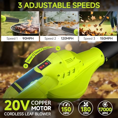 Leaf Blower Cordless with 2X 4.0Ah Batteries and Charger, 150MPH/180CFM Lightweight Cordless Blower, 3 Speeds Small Electric Leaf Blowers for Lawn Care, Patio, Yard, Leaves, Grass and Snow