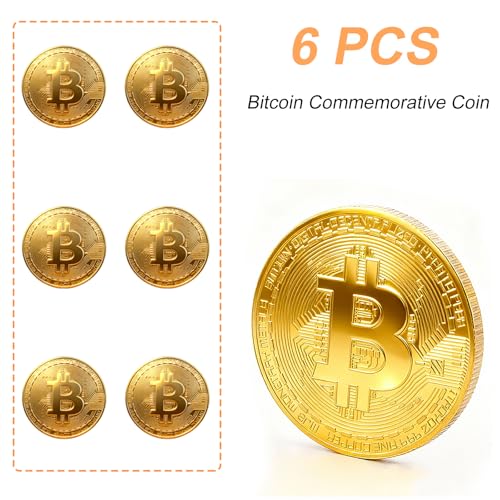 6PCS Gold Plated Bitcoin Coins – Physical BTC Cryptocurrency Collectible, 40mm Commemorative Souvenir Coins with Clear Protective Case, Gifts for Crypto Enthusiasts & Coin Collectors