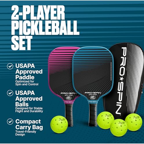 PRO-SPIN Carbon Fiber Pickleball Paddles Set of 2 | Lightweight Pickleball Set with Indoor/Outdoor Balls and Bag – Durable Pickle Ball Paddle Gift for Men, Women & Families