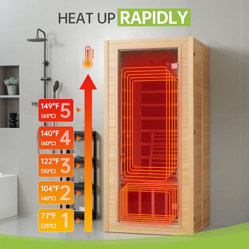 Real Relax 1 Person Infrared Sauna, Indoor Near Zero EMF Canadian Hemlock Wood Sauna with 1400W, 9 Chromo Therapy Lights, Oxygen Lonizer, Bluetooth, LCD Control Pannel for Home Spa Days