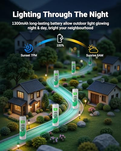 EBL Solar AA Battery Rechargeable Batteries for Outdoor Solar Lights, 1300mAh NIMH Pre-Charged 1.2V Recharge up to 1200x Times for Garden Landscaping String Lights, Pack of 12