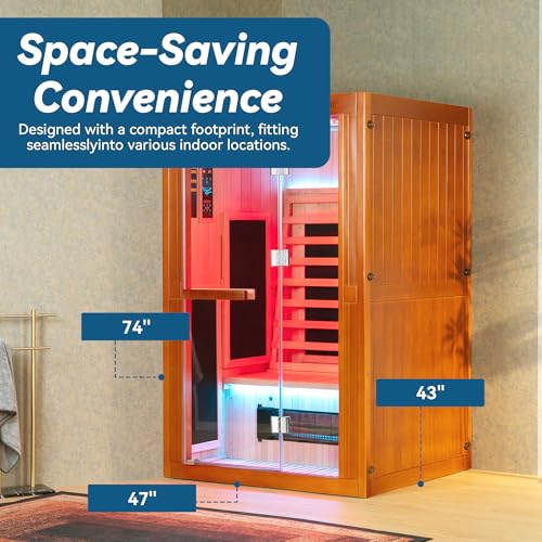 Woodbridge Infrared Home Sauna Room 2 Person Japanese Cedar Indoor Sauna with 7 Carbon Heaters, Red Light Therapy, Bluetooth Speaker, Intelligent Control Panel, Tempered Glass & Top Vent