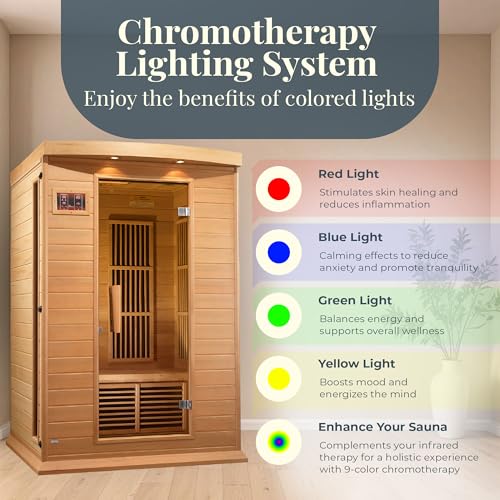Dynamic Saunas 2-Person Low EMF FAR Infrared Sauna with Chromotherapy Lighting and Speakers, Maxxus Toulouse - Personal Indoor Dry Heat Sauna for Home & Gym – Made from Canadian Hemlock