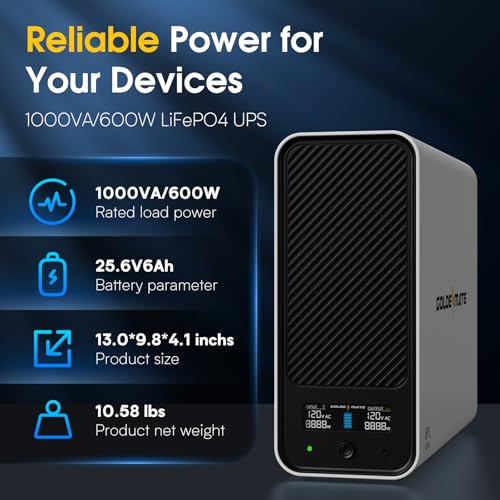 GOLDENMATE 1000VA/600W Lithium UPS Battery Backup and Surge Protector, Backup Battery Power Supply with LiFePO4 Batteries(153.6 Wh), Sinewave UPS System, 10 Years Lifespan, 8-Outlets, LCD Display