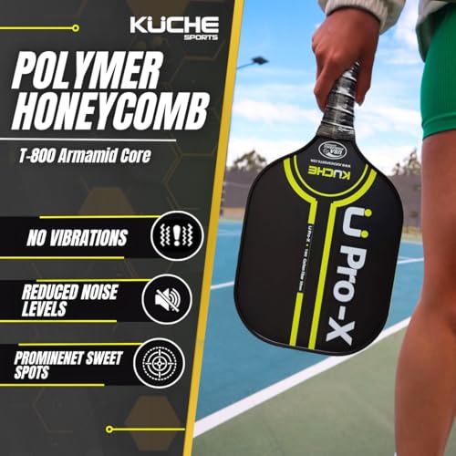 Kuche U PRO-X | T-800 Carbon Fiber Pickleball Paddle - Aramid Honeycomb Core -16MM Thick Sandblasted Surface for Spin & Control - USAPA Approved Pickle Ball Equipment for Men & Women