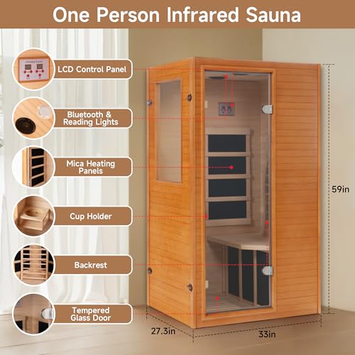 Real Relax Infrared Sauna 1 Person, Indoor Infrared Saunas for Home, Canadian Hemlock Wooden Dry Sauna, 950W 120V with Foot Warmer and 6 Heaters Panels, Compact Spa Room, 27.3"x33"x59"