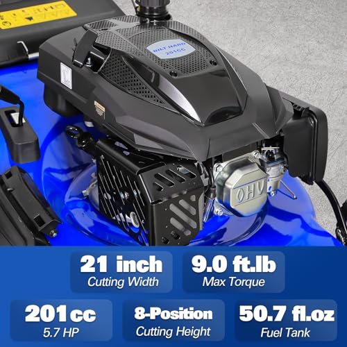 BILT HARD 21 Inch Lawn Mower Gas Powered, 4-Cycle 201cc Engine, 3-in-1 Push Lawnmower with Bagging, Mulching & Side Discharge, Adjustable 8-Positions Cutting Height, Easy Start