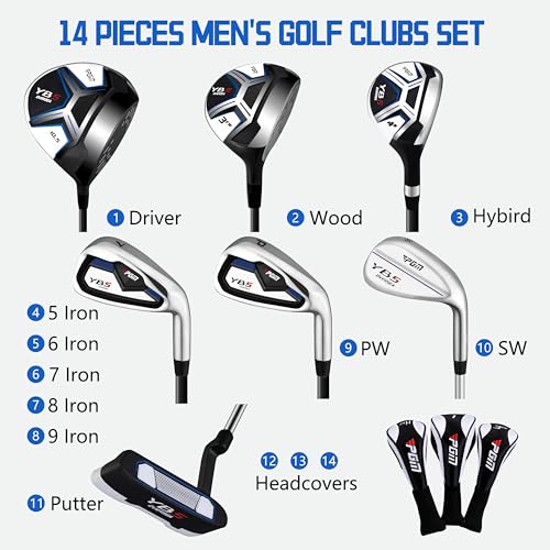 PGM 14 Pieces Men's Complete Golf Club Set - Full Set with 460cc Driver, Fairway, Hybrid, Irons, Putter & Headcovers - Right Handed - Ideal for Beginners - Graphite(Without Golf Bag)