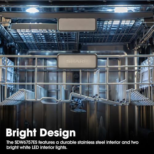 SHARP SDW6757ES Slide-In Dishwasher, Stainless Steel Finish, 24" Wide, Soil Sensors, Premium White LED Interior Lighting, Smooth Glide Rails, Heated Dry Option, Responsive Wash Cycles, Power Wash Zone
