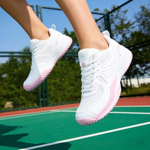 Sisttke Women's Badminton Pickleball Shoes Lightweight Breathable Non-Slip Court Sneakers for Tennis Racquetball Training White/Pink