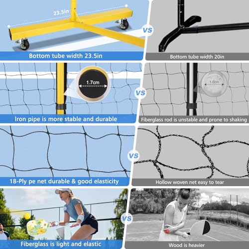Fostoy Portable Pickleball Net with Wheels, Pickleball Set with 4 Fiberglass Paddles & 6 Pickleballs, Carry Bag, for Backyards Driveways and Garages (22ft & 11ft Net with 4 Fiberglass Paddles)