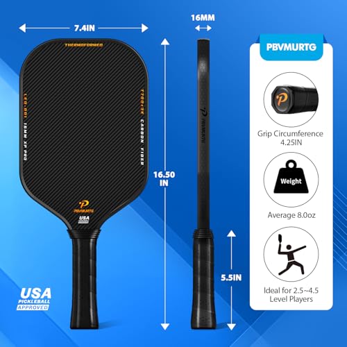 Pbvmurtg Carbon Fiber Pickleball Paddles, Thermoformed T7003K Raw Carbon Textured Pickleball Racket USAPA Approved Paddle –16mm Roar-Powered Core, Designed for Ultimate Spin,Power, Control& Balance.