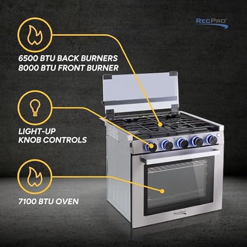RecPro RV Stove Black Finish | Gas Range 21" Tall | 6500 and 8000 BTU Three Burner | 7100 BTU Oven with 1.8 Cu. Ft Capacity | Optional Vented Range Hood