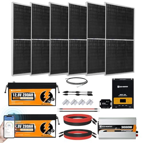 [Ultra] ECO-WORTHY 1200W 24V 5.52KWH Lithium Battery Solar System Off Grid:6pcs 195W Solar Panels+2Pcs 12.8V 280Ah Lithium Battery+60A MPPT Charge Controller+3000W Pure Sine Wave Inverter