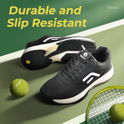 FitVille Wide Men Pickleball Shoes Tennis Racquetball Squash Shoes for Men All Court with Arch Support-Tennis V3(Black, 9.5 Wide)