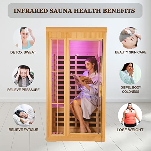Kanlanth 1-2 Person Infrared Sauna, Hemlock Wood Low EMF Far Infrared Saunas for Home, APP Control 1350w Indoor Personal Sauna Room with Blue-Tooth, 7 Color Therapy Light, 7 Heating Panels