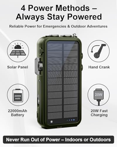 Emergency Radio&22000mAh Solar Power Bank, FM NOAA Weather Radio, Portable Hand Crank Bluetooth Radio, 20W Fast Charge Wireless Phone Charger, SOS Flashlight for Emergency/Home