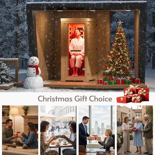 ENSTVER Infrared Wood Sauna 5.4Ft 1 Person, Luxury Full Spectrum Far Infrared Sauna Features Low EMF 1240w 7-Light Dynamic & Music Speakers, Canadian Hemlock Dry Indoor Saunas for Home & Gym