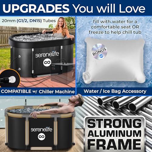 SereneLife 105 Gallon Insulated Oval Ice Bath Tub for Athletes, One Person Cold Plunge Therapy Recovery Pod for Recovery, Multi Layered with Aluminum Frame, Portable for Indoor Outdoor, Home, Gym Use