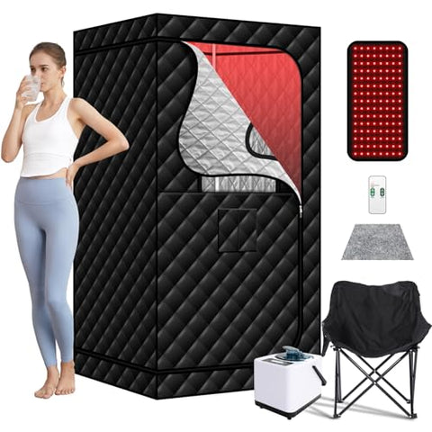 AMOCANE Portable Infrared Steam Sauna with 660nm Red Light Therapy Lamp, Full Size Saunas Tent with 3L Steamer, Personal Heat Box with Remote Control & Oversized Chair for Home/Gym/Pilates/Garage