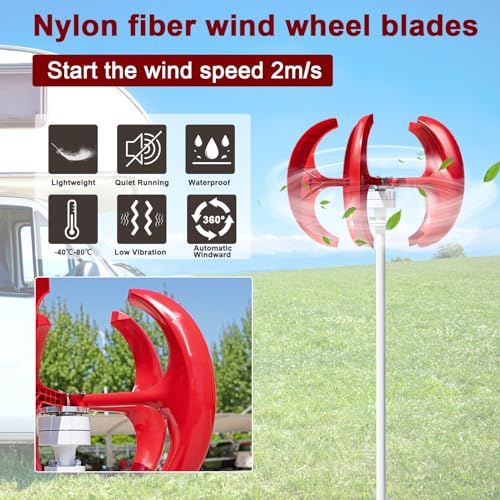 1000W Wind Turbine Generator,12V/24V 5-Blade Vertical Axis Wind Turbines Generator Kit for Home Hybrids Streetlight Use Electromagnetic Electricity Producer Equipment Small Size (Red)