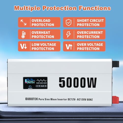 OUBOTEK 5000 Watts Power Inverter Peak 10KW, Pure Sine Wave 12V DC to 120V AC Off Grid Solar Inverter with Wireless Remote Control LCD Display 4 AC Outlets Hardwire Terminal for Home RV Camping