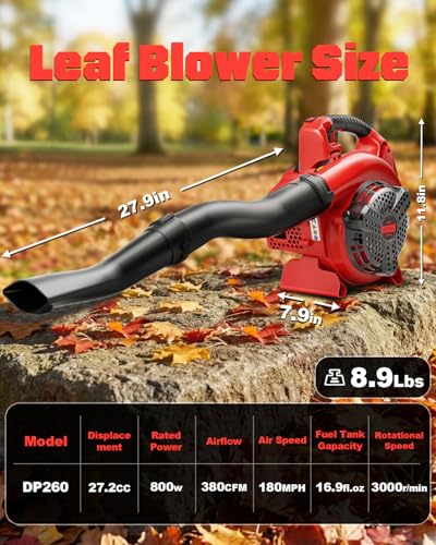 Getell 27cc Gas Powered Handheld Blower, 380 CFM 180 MPH 2-Cycle Engine, Lightweight Quick-Start for Lawn Care, Snow & Roof Leaf Cleaning (GET309)