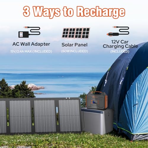 Portable Solar Generator, 300W Portable Power Station with Foldable 60W Solar Panel,110V Pure Sine Wave 280Wh Battery Power Pack with USB DC AC Outlet for Camping Smart Devices RV Van Outdoor-Orange