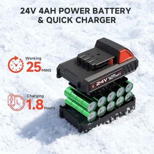 Cordless Snow Shovel, 24V | 13-Inch | 4-Ah Battery Powered Snow Blower, 400W Motor, Battery & Fast Charger Included, Electric Snow Removal for Driveways, Steps and Walkways