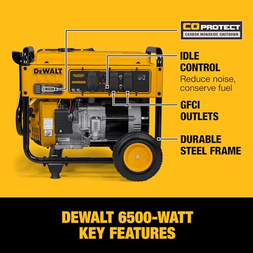 DeWalt 6,500-Watt Portable Gas Generator - 389cc Engine - Idle Control - Durable Wheels - Covered Outlets - CO Protect Technology - Jobsite and Emergency Power Ready
