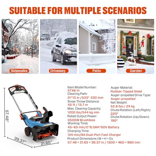 SENIX 60V 21" Auger-propelled Cordless Snow Blower, Steel Auger, 3500W Brushless Motor, Heated Handle,13" Depth, 45FT Throw Distance, LED Lights, 16000mAh Batteries & Dual Port Charger,1200lbs/min